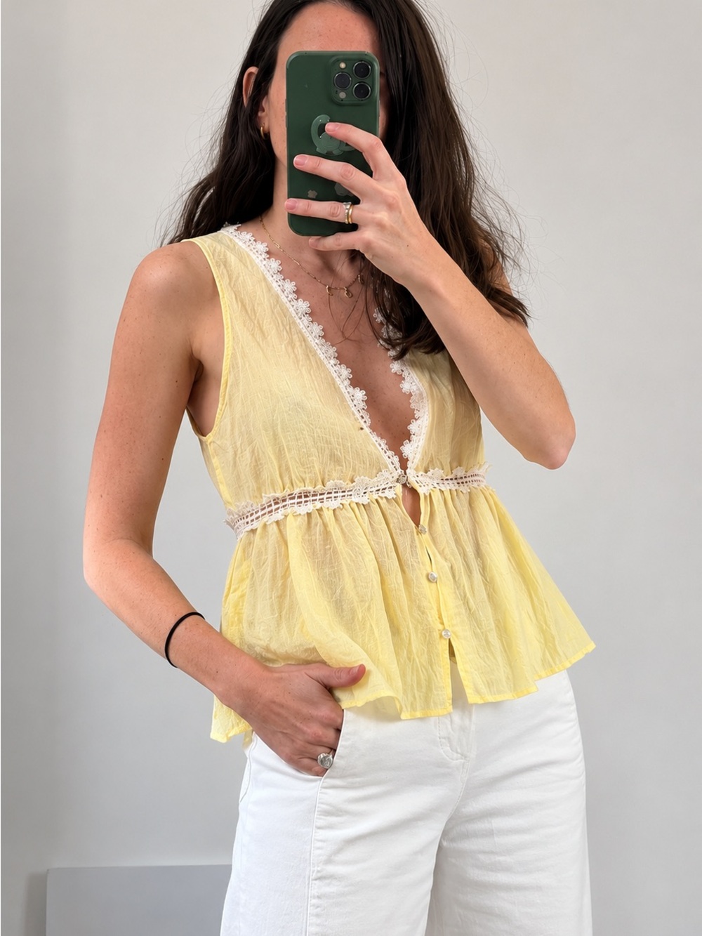 Zara Yellow Lace-Trim V-Neck Peplum Camisole